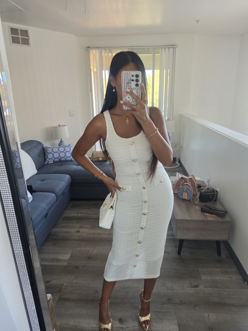 Classic White Button-Front Tweed Midi Dress - Picture 12 of 16